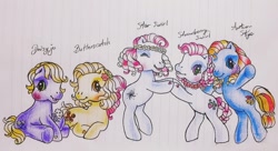 Size: 1600x870 | Tagged: safe, artist:chatotpaint, derpibooru import, autumn skye, butterscotch (g3), daisyjo, strawberry swirl, earth pony, pony, g3, alternate hairstyle, braid, braided tail, floral head wreath, flower, headband, holding hooves, lined paper, look-alike, new hairstyle, ringlets, short hair, short mane, sitting, star swirl (g3), tail, traditional art