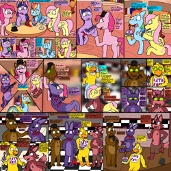 Size: 1920x1920 | Tagged: safe, artist:slywolf136, derpibooru import, fluttershy, pinkie pie, rainbow dash, twilight sparkle, unicorn twilight, bear, bird, chicken, earth pony, fox, pegasus, pony, rabbit, unicorn, g4, animal, animatronic, bonnie (fnaf), book, bowtie, character to character, checkered floor, chica, comic, commission, crossover, cupcake, female, female to male, five nights at freddy's, food, foxy, freddy fazbear, golden oaks library, group, guitar, hat, hook, horn, mare, mental shift, microphone, musical instrument, necktie, pizzeria, reality shift, rule 63, speech bubble, stage, transformation, transgender transformation