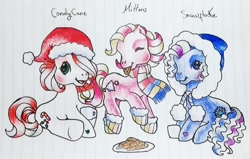 Size: 1280x813 | Tagged: safe, artist:chatotpaint, derpibooru import, earth pony, pony, g3, alternate hairstyle, blushing, candy, candy cane, candy cane (g3), chocolate, christmas, clothes, cookie, curly hair, curly mane, eating, food, hair over one eye, happy, hat, holding cup, holiday, hot chocolate, lined paper, mittens (g3), mug, new hairstyle, santa hat, scarf, short hair, short mane, snowflake (g3), socks, traditional art, wavy mane, winter