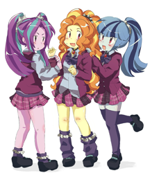 Size: 1198x1385 | Tagged: safe, artist:dbzrz, derpibooru import, adagio dazzle, aria blaze, sonata dusk, human, equestria girls, g4, :d, :o, bowtie, clothes, collared shirt, fangs, female, gem, hair ornament, jacket, jewelry, kneesocks, long sleeves, loose socks, necklace, necktie, open mouth, open smile, pleated skirt, rainbow rocks 10th anniversary, scrunchie, shirt, shoes, simple background, skirt, smiling, socks, spiked headband, standing, stars, sweat, sweatdrop, the dazzlings, thigh highs, trio, trio female, white background