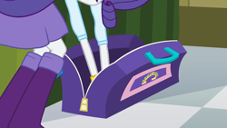 Size: 1280x720 | Tagged: safe, derpibooru import, screencap, rarity, human, equestria girls, g4, bag, bending, boots, floor, grabbing, indoors, my little pony equestria girls, shoes, solo