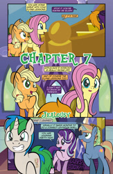 Size: 1920x2948 | Tagged: safe, artist:alexdti, derpibooru import, applejack, fluttershy, starlight glimmer, oc, oc:brainstorm (alexdti), oc:purple creativity, oc:star logic, pony, comic:quest for friendship retold, magic, tongue, tongue out, twilight's castle