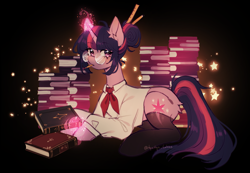 Size: 4283x2963 | Tagged: safe, artist:tyutya, derpibooru import, twilight sparkle, pony, unicorn, backwards cutie mark, black background, book, clothes, female, glasses, hair bun, horn, looking at you, magic, mare, pencil, pencil in mouth, ruler, shirt, signature, simple background, stars, stockings, telekinesis, thigh highs