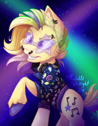 Size: 900x1165 | Tagged: safe, artist:mychelle, derpibooru import, oc, oc:vivid vibrations, earth pony, pony, clothes, shirt, solo, star shaped glasses