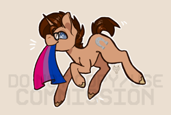 Size: 1000x673 | Tagged: safe, artist:maroonmads, derpibooru import, oc, oc only, pony, unicorn, bisexual pride flag, commission, horn, pride, pride flag, solo, ych result