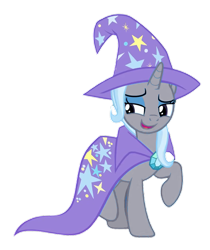 Size: 813x968 | Tagged: safe, alternate version, derpibooru import, edit, edited screencap, screencap, trixie, pony, unicorn, a matter of principals, g4, season 8, cape, clothes, eyeshadow, female, hat, horn, looking sideways, makeup, mare, png, raised hoof, raised leg, recolor, robe, simple background, smiling, smug, solo, stars, transparent background, trixie's cape, trixie's hat, vector, vector edit, wizard hat, wizard robe