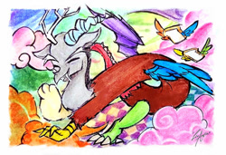 Size: 828x567 | Tagged: safe, artist:banefulkarma, derpibooru import, discord, draconequus, abstract background, antlers, bread, cloud, crayon drawing, cute, discute, elf ears, flying, food, horn, i can't believe it's not liaaqila, male, silly, solo, traditional art