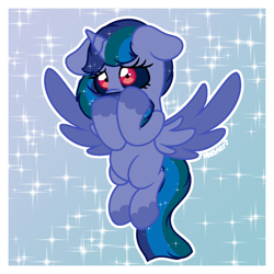 Size: 1308x1308 | Tagged: safe, artist:yoshter7, derpibooru import, oc, oc only, oc:eris sparkle, alicorn, hybrid, pony, colored sclera, commission, commissioner:prixy05, female, filly, floating, flowing mane, flowing tail, foal, gradient background, interspecies offspring, offspring, parent:discord, parent:twilight sparkle, parents:discolight, red eyes, shy, solo, sparkly background, sparkly mane, tail