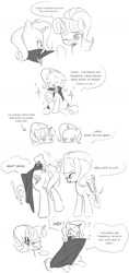 Size: 956x2022 | Tagged: safe, artist:wooodd_, derpibooru import, starlight glimmer, trixie, pony, unicorn, g4, alicorn amulet, black and white, comic, dialogue, duo, duo female, english, female, grayscale, horn, looking at butt, monochrome, simple background, staff, staff of sameness, talking, white background