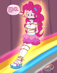 Size: 3500x4500 | Tagged: safe, artist:cpuknightx1, derpibooru import, pinkie pie, human, dance magic, equestria girls, g4, ballgag, bondage, bound and gagged, equestria girls specials, female, femsub, gag, magic, pinkiesub, rainbow, rope, rope bondage, solo, submissive, text, thought bubble