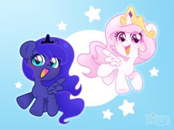 Size: 3427x2563 | Tagged: safe, artist:ninnydraws, derpibooru import, princess celestia, princess luna, alicorn, blushing, cewestia, crown, duo, female, filly, flying, foal, jewelry, looking at you, regalia, smiling, wingding eyes, woona, younger