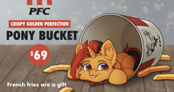 Size: 3136x1668 | Tagged: safe, artist:dorkmark, derpibooru import, oc, oc only, oc:selest light, pony, unicorn, :p, chibi, cute, ear fluff, ears, food, french fries, horn, kfc, male, solo, stallion, text, tongue, tongue out, unicorn oc