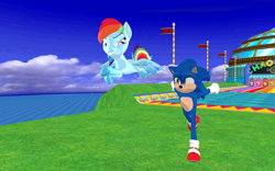 Size: 1920x1200 | Tagged: safe, artist:puzzlshield2, derpibooru import, rainbow dash, hedgehog, pegasus, pony, 3d, crossover, duo, female, flying, gotta go fast, male, mmd, racing, running, sega, sonic the hedgehog, sonic the hedgehog (film), sonic the hedgehog (series)