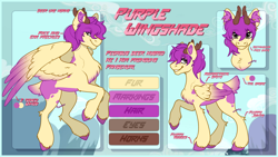 Size: 2564x1443 | Tagged: safe, artist:pureiitys, derpibooru import, oc, oc only, oc:purple wingshade, deer, hybrid, original species, pegasus, pony, antlers, brown eyes, chest fluff, colored wings, ear fluff, ears, feathered wings, fluffy, freckles, full body, hoof fluff, hooves, looking at you, multicolored wings, purple mane, reference sheet, smiling, smiling at you, smirk, smug, solo, spots, spread wings, wings, yellow coat