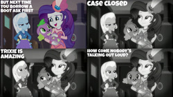 Size: 1280x720 | Tagged: safe, derpibooru import, edit, edited screencap, editor:quoterific, screencap, rarity, spike, spike the regular dog, trixie, dog, human, choose your own ending, equestria girls, g4, rarity investigates: the case of the bedazzled boot, detective rarity, dialogue, female, holding a dog, holding a spike, male, monochrome, rarity investigates: the case of the bedazzled boot: trixie, trio