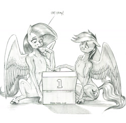 Size: 1400x1365 | Tagged: safe, artist:baron engel, derpibooru import, fluttershy, rainbow dash, pegasus, pony, female, mare, monochrome, oh my, pencil drawing, simple background, story included, traditional art, white background