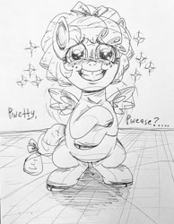 Size: 827x1066 | Tagged: safe, artist:pinkamenademonpie, derpibooru import, cozy glow, pegasus, cute, female, filly, foal, monochrome, rubbing hooves, simple background, smiling, solo, traditional art, white background