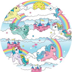 Size: 900x900 | Tagged: safe, derpibooru import, firefly, medley, skydancer, starshine, windy (g1), pegasus, pony, unicorn, g1, castle, cloud, cute, dream castle, female, flying, horn, mare, official, rainbow, simple background, sky, sun, white background