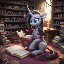 Size: 1024x1024 | Tagged: safe, ai content, derpibooru import, machine learning generated, oleander, unicorn, them's fightin' herds, book, bookshelf, bookstack, candle, community related, curved horn, day, female, horn, indoors, looking at something, mare, prompter:cypher, reading, sitting, smiling, stack of books, window