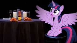 Size: 1920x1080 | Tagged: safe, artist:jp, derpibooru import, edit, editor:mlpfan3991, twilight sparkle, twilight sparkle (alicorn), alicorn, pony, g4, chicken wings, female, foreshadowing, happy, hot ones, hot sauce, hot wings, irl, mare, milk, photo, sitting, spread wings, this will end in pain, wings