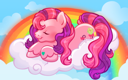 Size: 2400x1500 | Tagged: safe, artist:sparkytopia, derpibooru import, skywishes, earth pony, pony, g3, closed mouth, cloud, crossed hooves, eyes closed, female, mare, outdoors, pink coat, purple mane, rainbow, signature, sleeping, smiling, solo, unshorn fetlocks, ych result