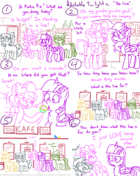 Size: 4779x6013 | Tagged: safe, artist:adorkabletwilightandfriends, derpibooru import, bon bon, pinkie pie, sweetie drops, tree hugger, twilight sparkle, twilight sparkle (alicorn), oc, oc:kat, alicorn, comic:adorkable twilight and friends, adorkable, adorkable twilight, cafe, comic, confused, cough, coughing, cupcake, cute, dork, downtown, food, funny, happy, hug, humor, line, outdoors, ponyville, question, sidwalk, sign, silence, slice of life, smiling, town, trash can, waiting, waving