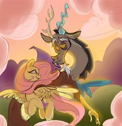 Size: 3974x4096 | Tagged: safe, artist:thechaoticboop, derpibooru import, discord, fluttershy, bright, cloud, discoshy, female, flying, looking at each other, looking at someone, male, mountain, shipping, smiling, spread wings, straight, sunlight, sunset, wings