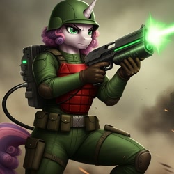 Size: 1024x1024 | Tagged: safe, ai content, derpibooru import, machine learning generated, sweetie belle, anthro, unicorn, g4, battlefield, body armor, clothes, cosplay, costume, female, g.i. joe, generator:google imagen 3.0, helmet, horn, laser gun, laser trooper, military uniform, prompter:zerowinger, sgt. flash, solo, uniform