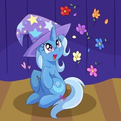 Size: 1917x1917 | Tagged: safe, artist:czscribbles, derpibooru import, trixie, pony, unicorn, g4, clothes, cute, diatrixes, female, flower, happy, hat, horn, mare, open mouth, smiling, solo, stage, starry eyes, trixie's hat, wingding eyes