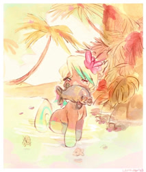 Size: 1071x1255 | Tagged: safe, artist:leruwew, derpibooru import, oc, oc only, earth pony, fish, pony, beach, eating, female, flower, flower in hair, food, mare, meat, mouth hold, ocean, palm tree, ponies eating meat, ponies eating seafood, sand, seafood, solo, tree, tropical, water