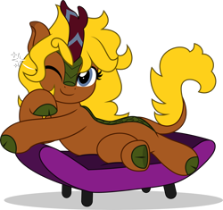 Size: 5319x5000 | Tagged: safe, artist:jhayarr23, derpibooru import, oc, oc:caramel gold, kirin, fallout equestria, commission, commissioner:solar aura, fallout, gray eyes, green hooves, green scales, horn, kirin horn, kirin oc, lying down, one eye closed, scales, simple background, sofa, tail, transparent background, wink, yellow mane, yellow tail, your character here