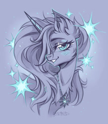 Size: 1554x1784 | Tagged: safe, artist:rozmed, derpibooru import, oc, oc only, oc:penumbra shard, unicorn, fanfic:iron hearts, amulet, bust, chaos star, female, horn, jewelry, looking at you, portrait, smiling, smiling at you, solo, solo female, sparkles, unicorn oc