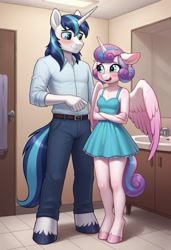 Size: 832x1216 | Tagged: safe, ai content, machine learning generated, princess flurry heart, shining armor, alicorn, anthro, unicorn, bathroom, belt, blushing, clothes, denim, dress, father and child, father and daughter, female, filly, foal, indoors, jeans, male, pants, parent and child, prompt in source, prompter:zodzod, shirt, stallion, young