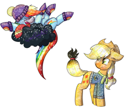 Size: 2645x2267 | Tagged: safe, artist:spaceponyarts, derpibooru import, applejack, rainbow dash, earth pony, pegasus, pony, g4, applejack is not amused, clothes, cloud, dark clouds, duo, duo female, ears, eye clipping through hair, female, floppy ears, hat, high res, hoof gloves, laughing, on a cloud, scarf, scorched, simple background, sweater, unamused, white background, winter hat