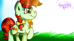 Size: 3285x1825 | Tagged: safe, artist:spaceponyarts, derpibooru import, candy apples, earth pony, pony, g4, apple family member, bow, hair bow, high res, outdoors, pigtails, raised hoof, raised leg, solo