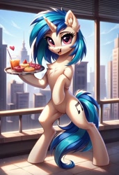 Size: 800x1169 | Tagged: safe, ai content, derpibooru import, generator:pony diffusion v6 xl, generator:stable diffusion, machine learning generated, dj pon-3, vinyl scratch, semi-anthro, unicorn, g4, belly, bipedal, drink, female, horn, indoors, mare, prompter:gregorymars, solo, standing