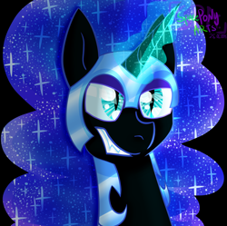 Size: 5022x5000 | Tagged: safe, artist:spaceponyarts, derpibooru import, nightmare moon, alicorn, pony, g4, absurd resolution, black background, bust, glowing, glowing horn, horn, simple background, solo