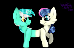 Size: 7170x4688 | Tagged: safe, artist:spaceponyarts, derpibooru import, bon bon, lyra heartstrings, sweetie drops, earth pony, pony, unicorn, do princesses dream of magic sheep, g4, absurd resolution, black background, duo, duo female, female, fusion, horn, lesbian, looking at each other, looking at someone, lyrabon, lyrabon (fusion), pushmi-pullyu, shipping, simple background