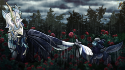 Size: 3840x2160 | Tagged: safe, artist:brainiac, derpibooru import, kirin, pony, crossover, duo, flower, genshin impact, macro, male, melusine, neuvillette (genshin impact), outdoors, ponified, rain, rose, species swap, stallion