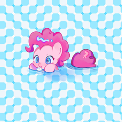 Size: 1430x1428 | Tagged: safe, artist:不可食用骨, derpibooru import, pinkie pie, earth pony, pony, blowing bubbles, blushing, bubble, cute, diapinkes, female, mare, modern art, optical illusion, patterned background, smiling, solo, swimming, water bubble