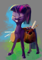 Size: 2188x3095 | Tagged: safe, artist:wolfiedrawie, derpibooru import, twilight sparkle, unicorn twilight, pony, unicorn, g4, abstract background, alternate hairstyle, bag, book, cloven hooves, female, fetlock tuft, grin, horn, mare, ponytail, saddle bag, scroll, smiling