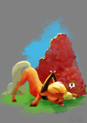 Size: 2480x3508 | Tagged: safe, artist:wolfiedrawie, derpibooru import, applejack, earth pony, pony, g4, apple, exhausted, face down ass up, female, food, mare, solo, speech bubble, tired, tongue, tongue out, yoke