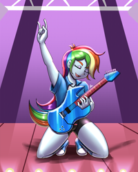 Size: 1600x2000 | Tagged: safe, artist:zachc, derpibooru import, rainbow dash, human, equestria girls, g4, rainbow rocks, commission, electric guitar, eyes closed, female, guitar, kneeling, musical instrument, open mouth, rainbow rocks 10th anniversary, raised arm, solo