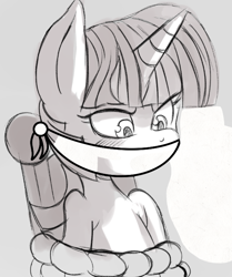 Size: 600x719 | Tagged: safe, derpibooru import, edit, edited screencap, screencap, twilight sparkle, pony, unicorn, cloth gag, female, gag, horn, human shoulders, mare, monochrome, twilight sparkle is not amused, unamused