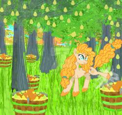 Size: 922x866 | Tagged: safe, artist:queenravenrose, derpibooru import, pear butter, earth pony, pony, g4, deviantart watermark, food, obtrusive watermark, outdoors, pear, pear tree, solo, tree, watermark