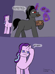 Size: 1662x2217 | Tagged: safe, artist:moss-and-fox, artist:polofastter, derpibooru import, king sombra, starlight glimmer, pony, unicorn, g4, burger, chubby, donut, female, food, horn, magic, mare, not again, rubbing head, telekinesis, weight gain