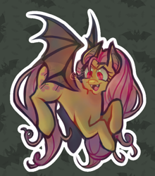 Size: 708x806 | Tagged: safe, artist:slimeysquirrels, derpibooru import, fluttershy, bat pony, pegasus, pony, bats!, g4, :p, >:d, >:p, bat ponified, bat wings, cutie mark, fangs, flutterbat, flying, green background, long eyelashes, long hair, long mane, long tail, membranous wings, outline, patterned background, pink hair, race swap, red eyes, simple background, slit eyes, solo, tail, tongue, tongue out, watermark, wavy mane, wavy tail, white outline, wings, yellow coat