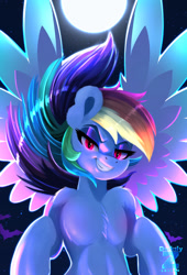 Size: 1183x1736 | Tagged: safe, artist:darksly, derpibooru import, rainbow dash, pegasus, semi-anthro, g4, body pillow, chest fluff, female, human shoulders, humanoid torso, mare, moon, solo, spread wings, wings