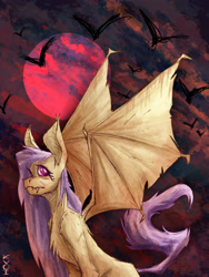 Size: 3300x4400 | Tagged: safe, artist:kvoi-6, derpibooru import, fluttershy, bat, bat pony, pony, g4, bat ponified, blood moon, fangs, female, flutterbat, full moon, looking at you, mare, moon, outdoors, race swap, solo, spread wings, wings