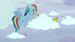 Size: 1280x720 | Tagged: safe, derpibooru import, screencap, brolly, crescent pony, mane moon, rainbow dash, tank, whitewash, pegasus, pony, tortoise, g4, season 5, tanks for the memories, cloud, fuchsia gems, outdoors, sky, sky sweeper, snow, snowfall, voltage storm, wintermint